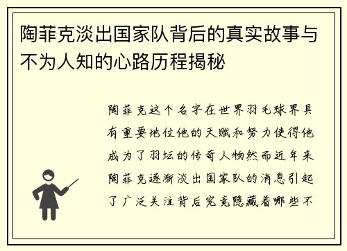 陶菲克淡出国家队背后的真实故事与不为人知的心路历程揭秘